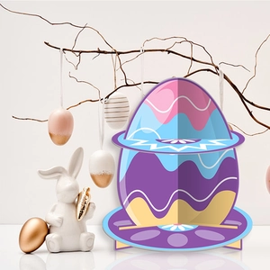 Easter egg tiered cupcake stand with colorful wavy patterns and flower decorations