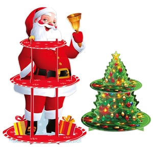 Christmas party tiered cake stands featuring Santa Claus and decorated Xmas tree shapes