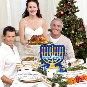 Happy Hanukkah Menorah centerpiece decoration for festive Jewish holiday table setting