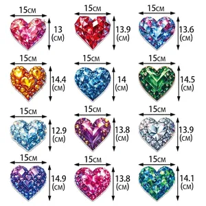 Size chart for heart-shaped glitter stickers in various colors and styles for party decor