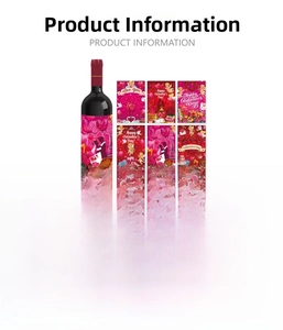 Close-up of Happy Valentine's Day wine bottle stickers featuring Cupid and red heart designs