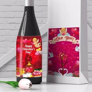 Romantic Valentine's Day wine bottle stickers set with heart and cupid designs