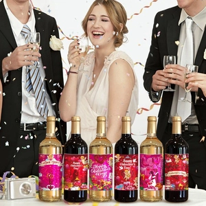 Set of 6 Valentines Day wine bottle labels with romantic heart and cupid motifs