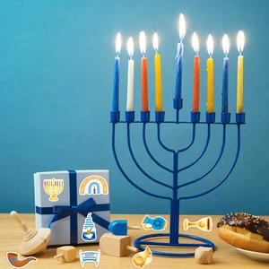 Hanukkah stickers featuring Menorah and Dreidel on a festive background