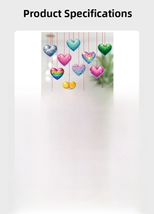 Detail of DIY heart hanging ornaments with colorful glitter patterns for party decor