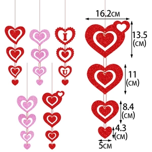 Glittery heart hanging decorations in red and pink with size dimensions and dimensions listed