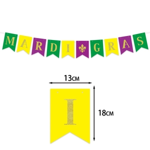 Mardi Gras party banner with green gold purple swallowtail flags and fleur-de-lis