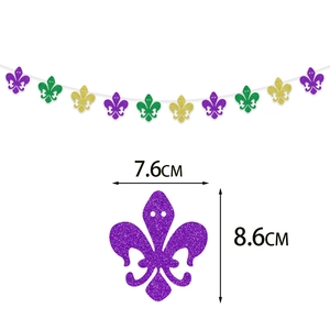 Close-up of Mardi Gras fleur-de-lis banner showing 7.6cm by 8.6cm individual pieces