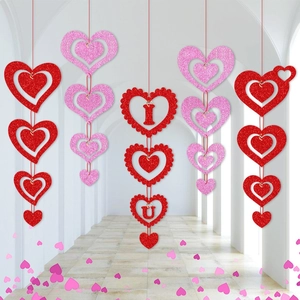 Valentine Day Hanging Heart Decorations Red Pink Glitter Paper I Love U Letters For Wedding Engagement Party Decor