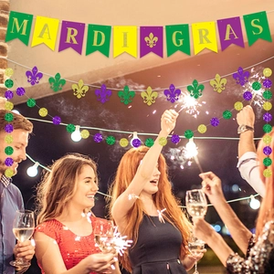 Mardi Gras party decoration kit with purple, green, and gold banners and fleur-de-lis