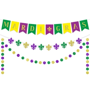 Mardi Gras party banner set with glitter fleur-de-lis and gold letter pennants