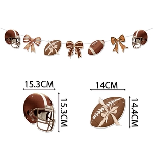 Detailed dimensions of American football party banner pendants with helmet and bow motifs