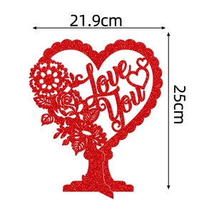 Red glitter hollow heart table ornament with Love You text and rose detail, 25cm height