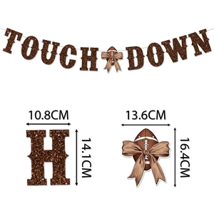 American football themed party banner with Touch Down glitter letters and bow icons