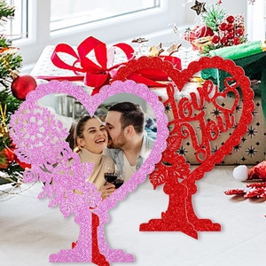Sparkly pink heart photo frame and red 'Love You' Valentine's Day desktop ornaments