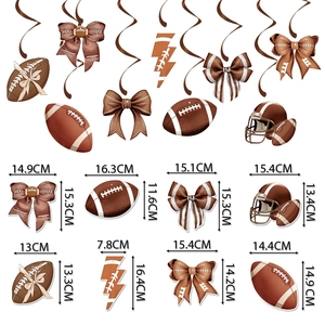 Detailed dimensions of football party swirls and charms including helmets and bows