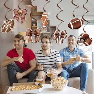 Rugby theme party hanging swirls with football, helmet and bow icons for sport events
