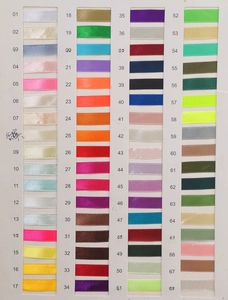 Detailed color chart featuring 67 vibrant satin ribbon swatches for wedding decor