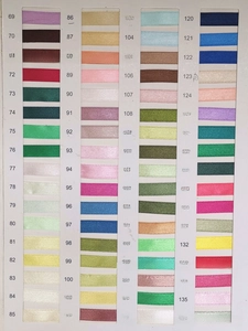 Detailed color chart of satin ribbon swatches with codes for wedding and party decorations