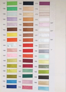 Satin ribbon color chart showing diverse shades and width sizes for wedding fairy wands