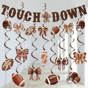 American Football Theme Party Decoration Set Glitter Touchdown Banner Hanging Swirls Sport Birthday Event Brown Paper