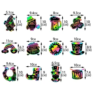 St. Patrick's Day scratch art ornaments set featuring 12 unique shamrock and gnome shapes