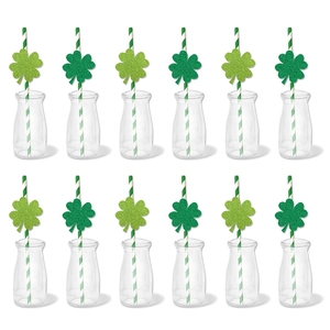 Set of 12 green glitter clover paper straws for St. Patrick's Day party decorations