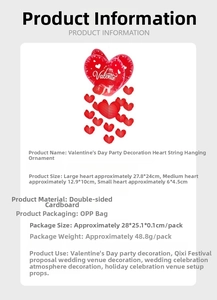 Detailed chart for red heart hanging decorations in three sizes for Valentine's Day party