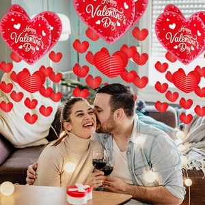 Romantic Valentine's Day heart ornaments set with artistic Happy Valentine's Day printing