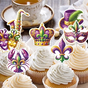 Kit de décorations pour cupcakes Mardi Gras avec saxophone, couronne et masque