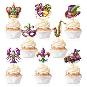Mardi Gras Cupcake Toppers Décorations de Gâteau Fête Carnaval Violet Vert Or Paillettes Masque Couronne Fleur de Lys DIY Décor