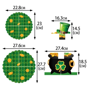 Detailed size specifications for St. Patrick's Day party decorations and dessert stand toppers