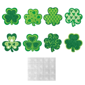 Saint Patrick's Day shamrock decorations set with glitter and patterns on white background