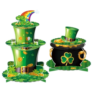 St. Patrick's Day 3-tier green hat cupcake stand with rainbow and pot of gold decorations