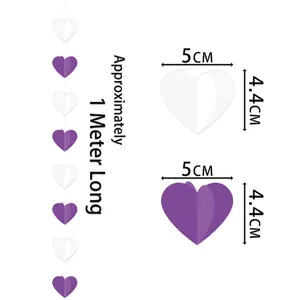 3D heart garland in purple and white for Valentine party decoration, 1m length