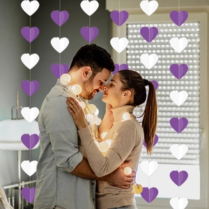 3D purple and white heart paper garland bunting for Valentine party background decoration