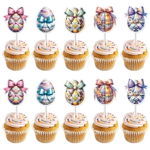 Décorations De Gâteau Œufs De Pâques En Papier Pics À Cupcake Avec Nœuds Pour Décoration De Dessert De Fête Motifs Colorés
