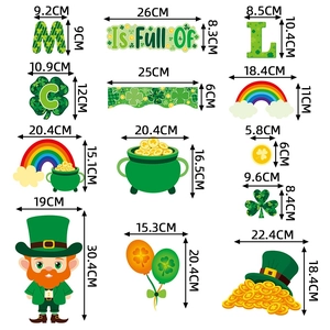 St. Patrick's Day leprechaun and shamrock wall decals with detailed size measurements