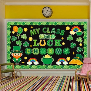 St. Patrick's Day bulletin board decor set with shamrocks and Leprechaun cutouts