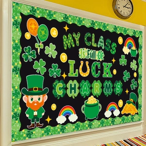St. Patrick's Day classroom bulletin board with clovers, gnomes and luck charms