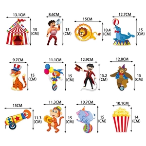 Circus party decorations set featuring 12 unique character cutouts with size measurements