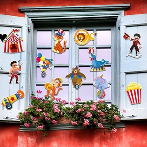 Colorful 12-piece circus theme wall stickers set with tent and cute cartoon animal figures