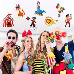 Circus party decorations set featuring lion tiger and clown cartoon character cutout props