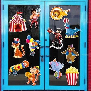 Circus Carnival Party Decoration Stickers Cardstock Paper Wall Window Decor DIY Cartoon Clown Animal Theme Birthday