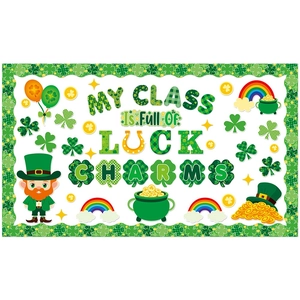 St. Patrick's Day classroom bulletin board set with luck charms and shamrock decor