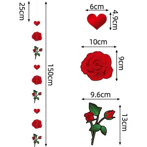 1.5m Valentine's Day rose garland hanging decoration with hearts and dimensions details