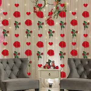 Vertical hanging rose and red heart garlands for Valentine's Day party venue decoration
