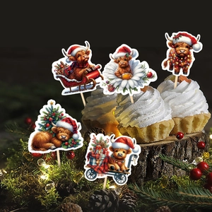 Christmas Highland Cow cake topper set featuring five festive designs for holiday party decor