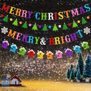 Close-up of glitter Merry Christmas banners and colorful holiday garland with mini houses