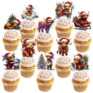 Highland Cow Christmas Cake Toppers Cartoon Animal Dessert Picks Cardboard Festive Party Decorations Cute Holiday Decor